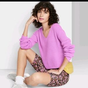 NWT WILD FABLE V-Neck Ribbed Cropped Lilac Pullover Sweater | SZ L